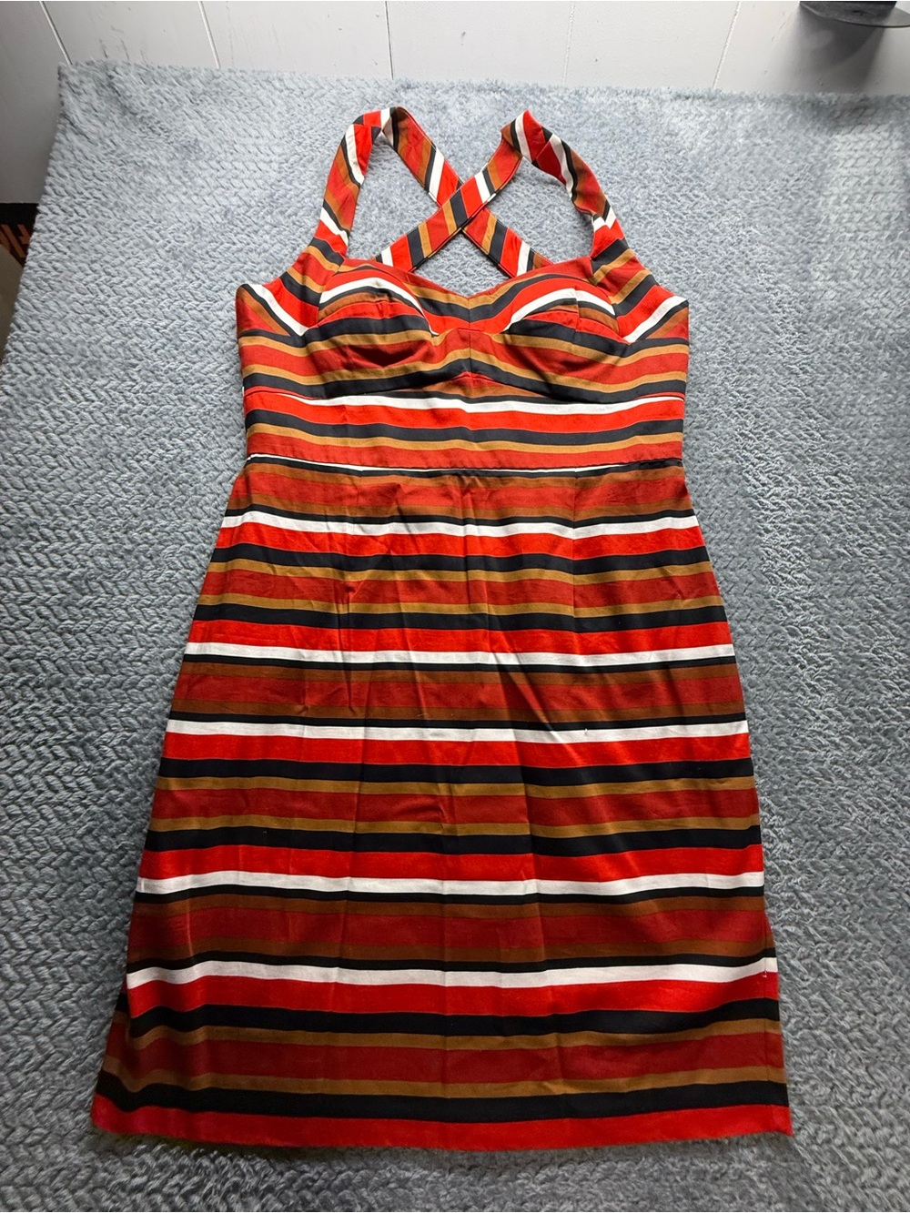 Calvin Klein Striped Crossback Midi Dress in Red and Brown